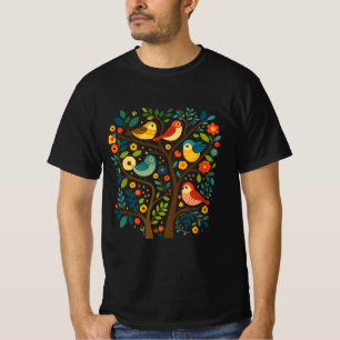 Birds and Flowers Scandinavian Folk Art T-Shirt