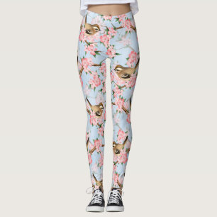 Birds and flowers. Spring gardern pattern Leggings