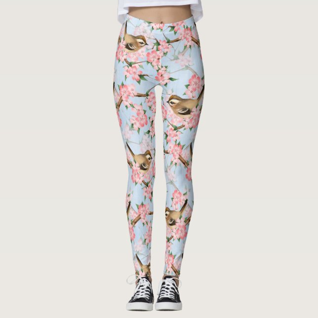 Birds and flowers. Spring gardern pattern Leggings (Front)