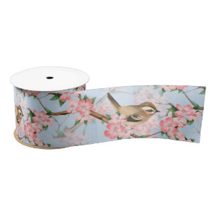 Birds and flowers. Spring gardern pattern Satin Ribbon