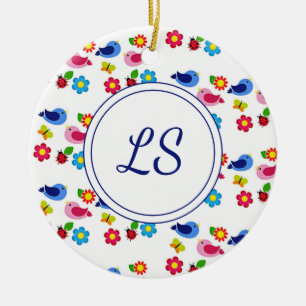 Birds and flowers spring pattern white ceramic tree decoration