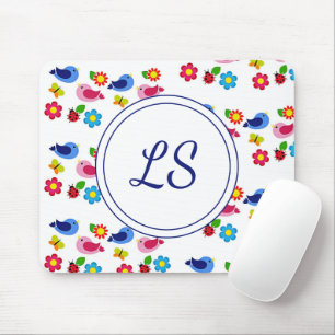 Birds and flowers spring pattern white mouse mat