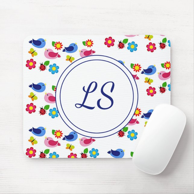 Birds and flowers spring pattern white mouse mat (With Mouse)