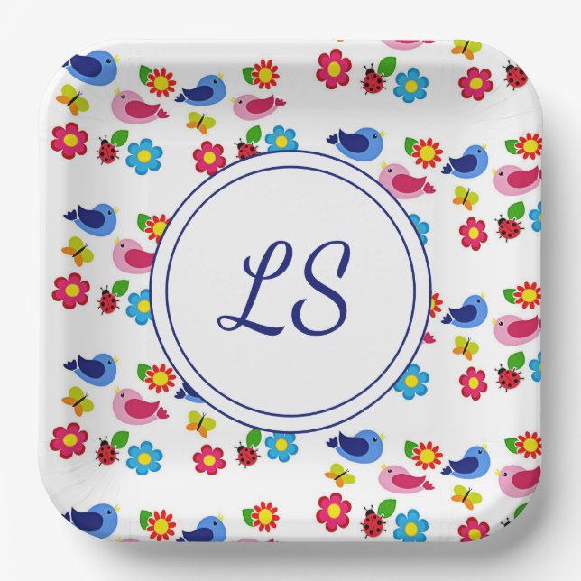 Birds and flowers spring pattern white paper plate (Front)