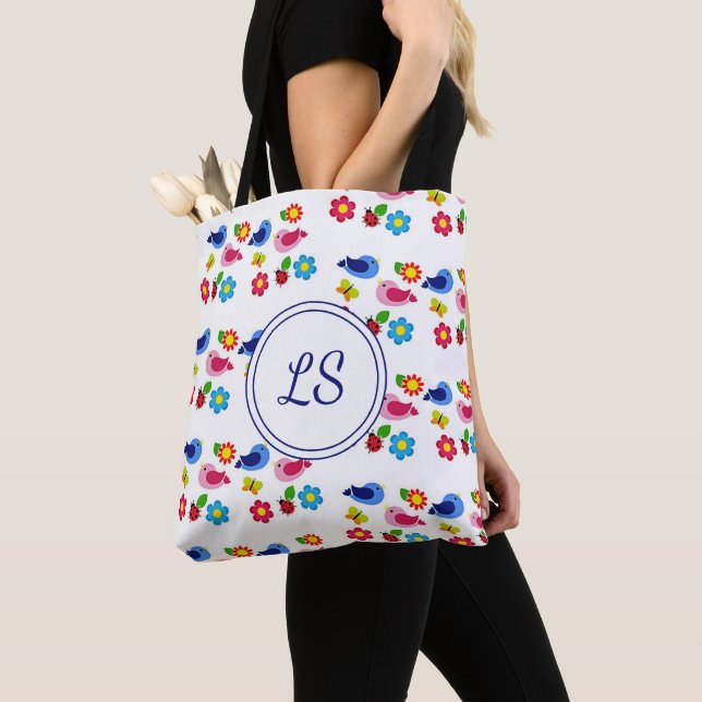 Birds and flowers spring pattern white tote bag (Close Up)