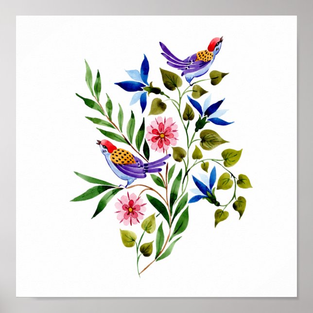 Birds and Flowers Watercolor Art Painting Poster (Front)