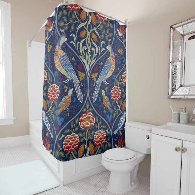 Birds and Flowers, William Morris Shower Curtain (In Situ)