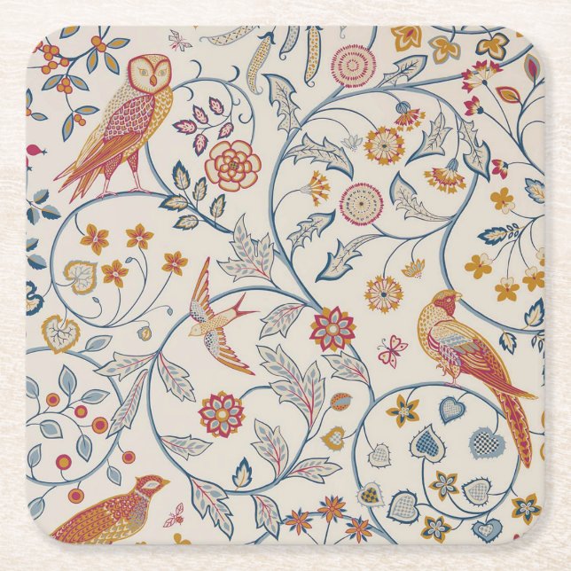 Birds and Flowers, William Morris Square Paper Coaster (Front)