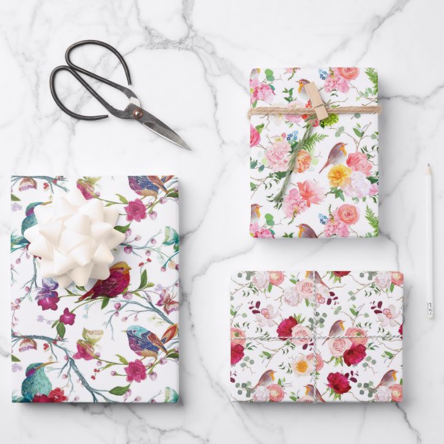 Birds and Flowers Wrapping Paper Sheet (Front)