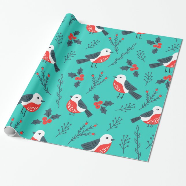 Birds and Holly Berry Christmas Pattern Wrapping Paper (Unrolled)