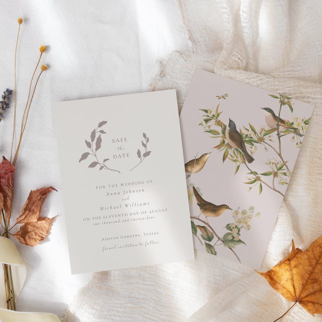Birds and leaves,  pink | beige save the date invitation (Creator Uploaded)