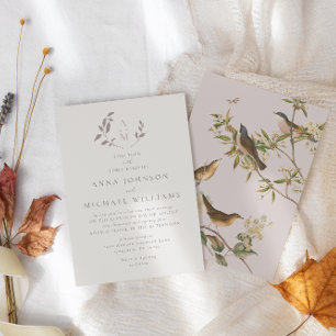 Birds and leaves romantic beige   pink wedding  invitation