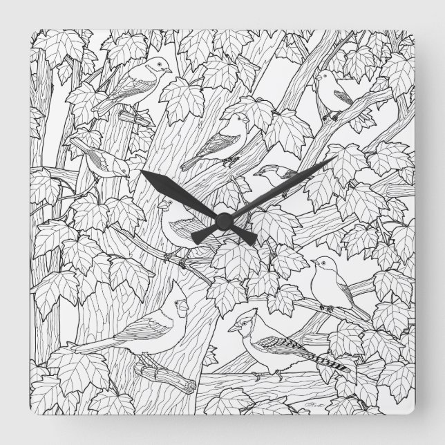 Birds and Maple Tree U-Colour or Paint Square Wall Clock (Front)