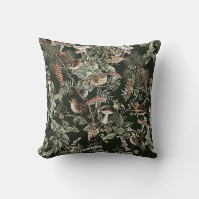 Birds and Mushrooms Woodland Cushion (Front)