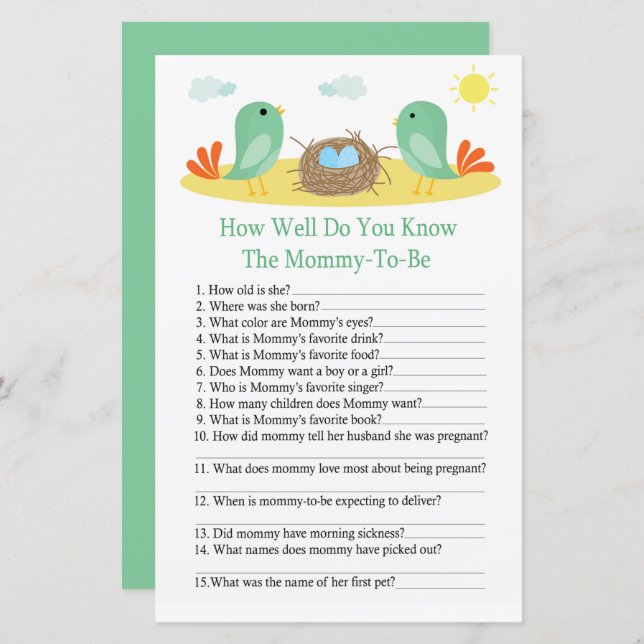 Birds and nest How well do you know baby shower (Front/Back)