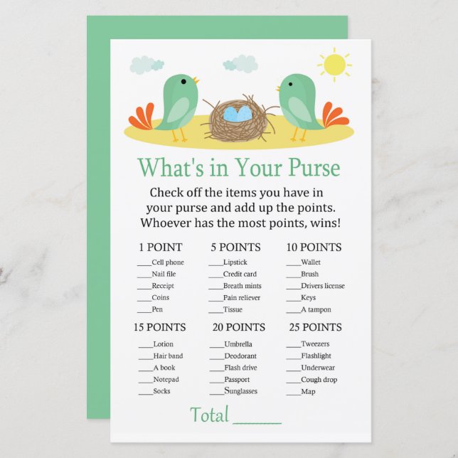 Birds and nest What's in your purse game baby show (Front/Back)