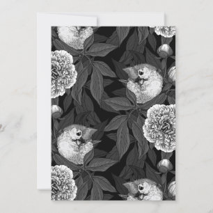 Birds and peony flowers monochrome, grey