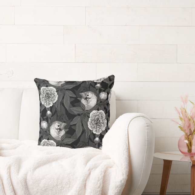 Birds and peony flowers monochrome, grey cushion (Couch)