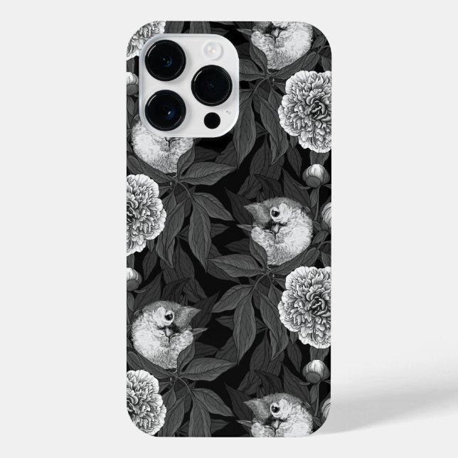 Birds and peony flowers monochrome, grey iPhone case (Back)