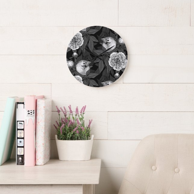 Birds and peony flowers monochrome, grey large clock (Reading Room)