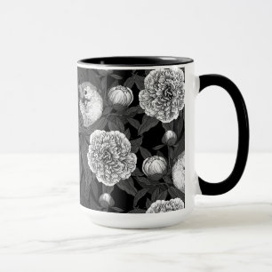 Birds and peony flowers monochrome, grey mug
