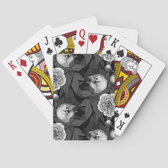 Birds and peony flowers monochrome, grey playing cards (Back)