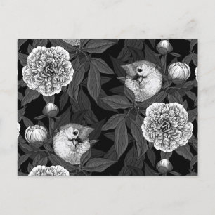 Birds and peony flowers monochrome, grey postcard