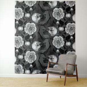 Birds and peony flowers monochrome, grey tapestry