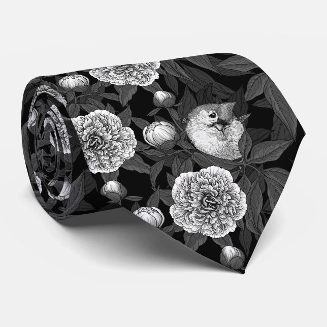 Birds and peony flowers monochrome, grey tie (Rolled)