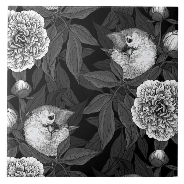 Birds and peony flowers monochrome, grey tile (Front)