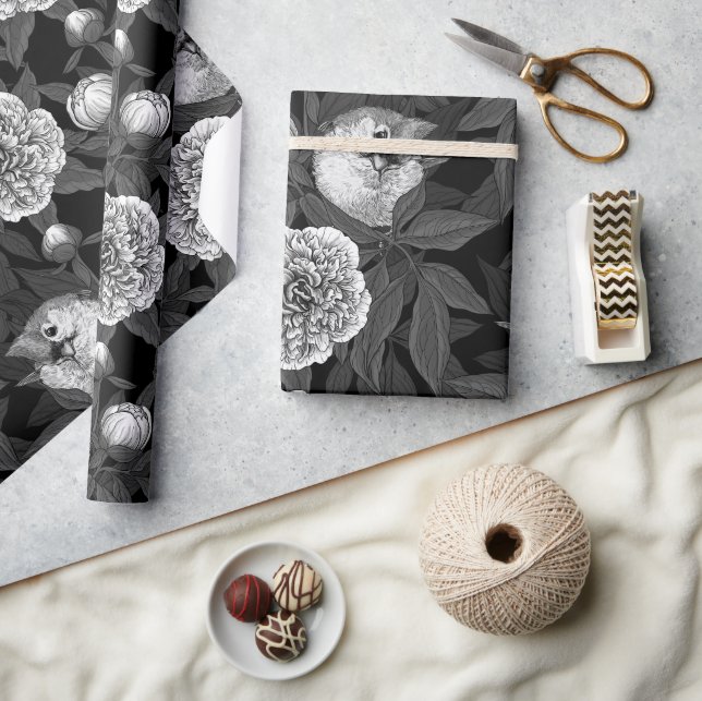 Birds and peony flowers monochrome, grey wrapping paper (Crafts)
