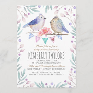 Birds and Pink Flowers Woodland Baby Shower Invitation