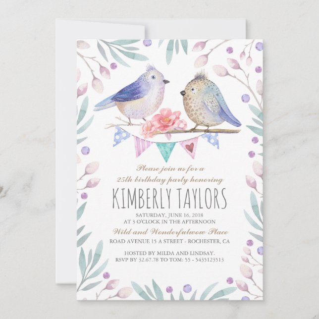 Birds and Pink Flowers Woodland Birthday Party Invitation (Front)