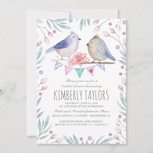 Birds and Pink Flowers Woodland Bridal Shower Invitation (Front)