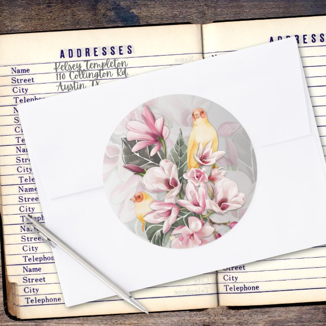Birds and Pink Magnolia Blossoms Classic Round Sticker (Creator Uploaded)