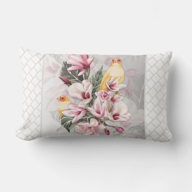 Birds and Pink Magnolia Blossoms Lumbar Cushion (Front)