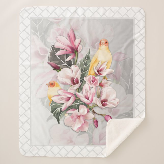 Birds and Pink Magnolia Blossoms Sherpa Blanket (Front)