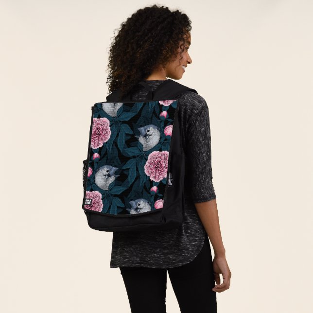 Birds and pink peony flowers with leaves backpack (Worn)
