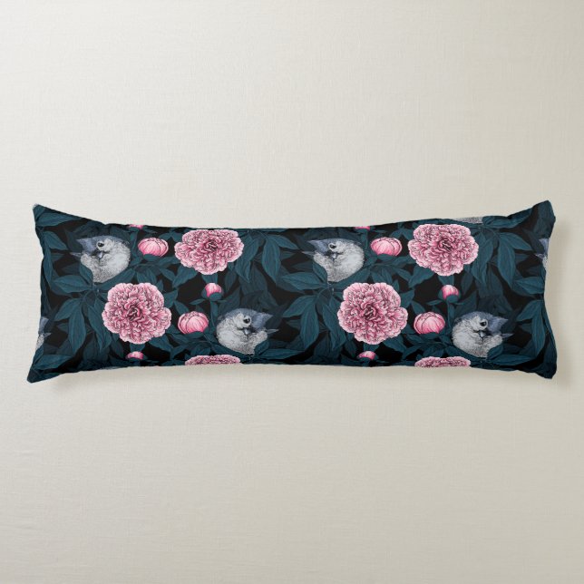 Birds and pink peony flowers with leaves body cushion (Front)
