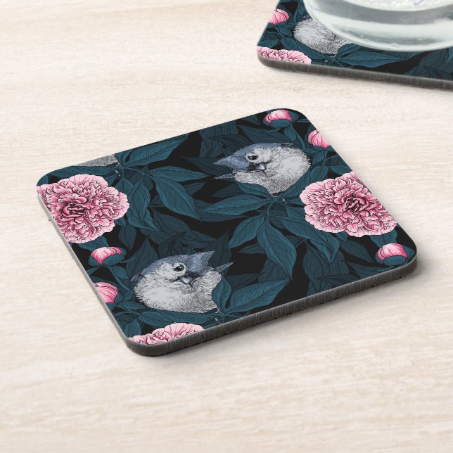 Birds and pink peony flowers with leaves coaster (Left Side)
