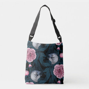 Birds and pink peony flowers with leaves crossbody bag