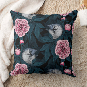 Birds and pink peony flowers with leaves cushion
