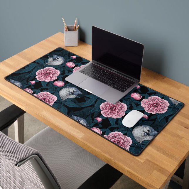 Birds and pink peony flowers with leaves desk mat (Office 2)