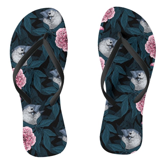 Birds and pink peony flowers with leaves flip flops (Footbed)