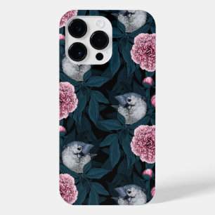 Birds and pink peony flowers with leaves iPhone 14 pro max case