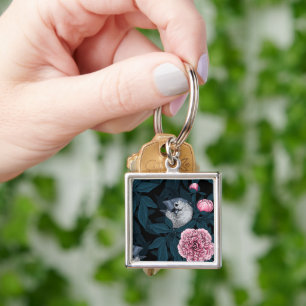 Birds and pink peony flowers with leaves key ring