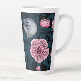 Birds and pink peony flowers with leaves latte mug