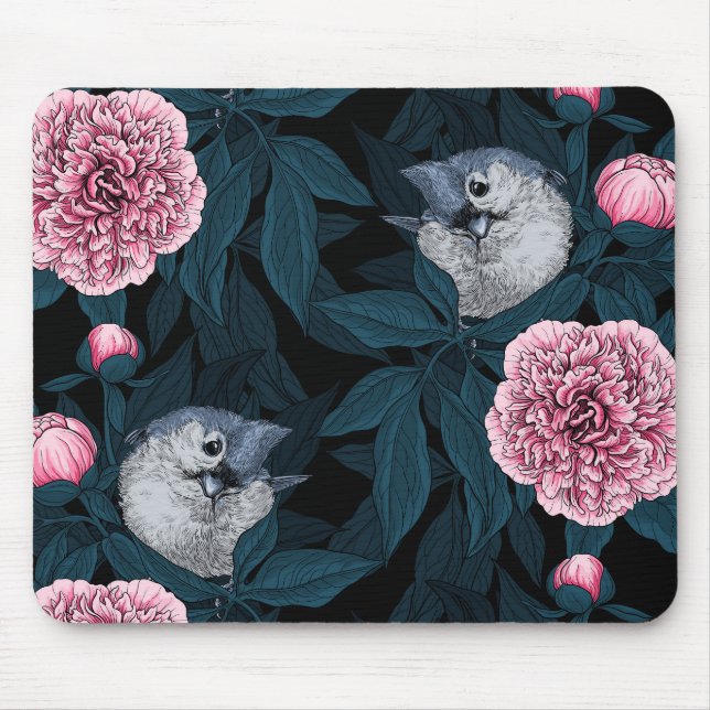 Birds and pink peony flowers with leaves mouse mat (Front)