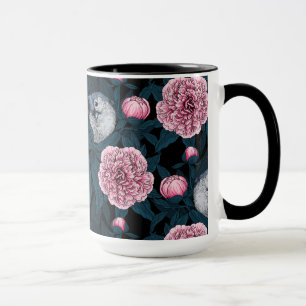 Birds and pink peony flowers with leaves mug