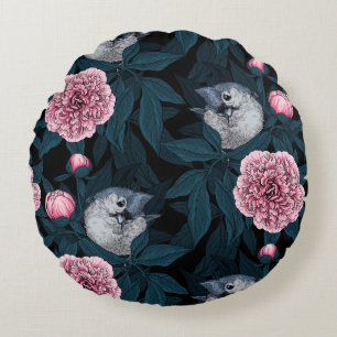 Birds and pink peony flowers with leaves round cushion